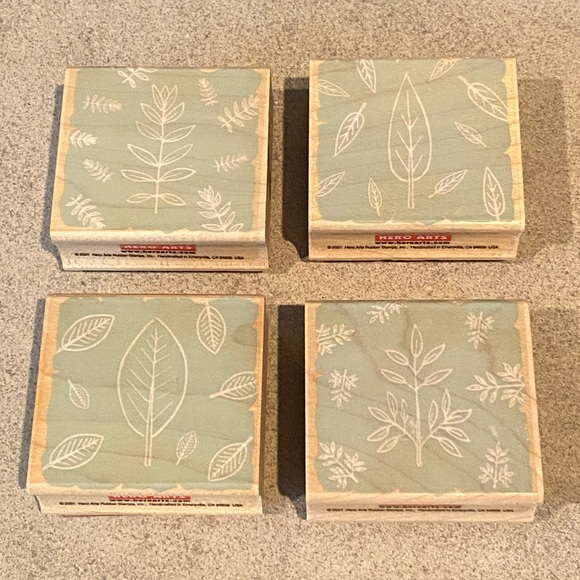 Set of 4 Wood Block Rubber Stamps Leaves Hero Arts - Picture 1 of 8